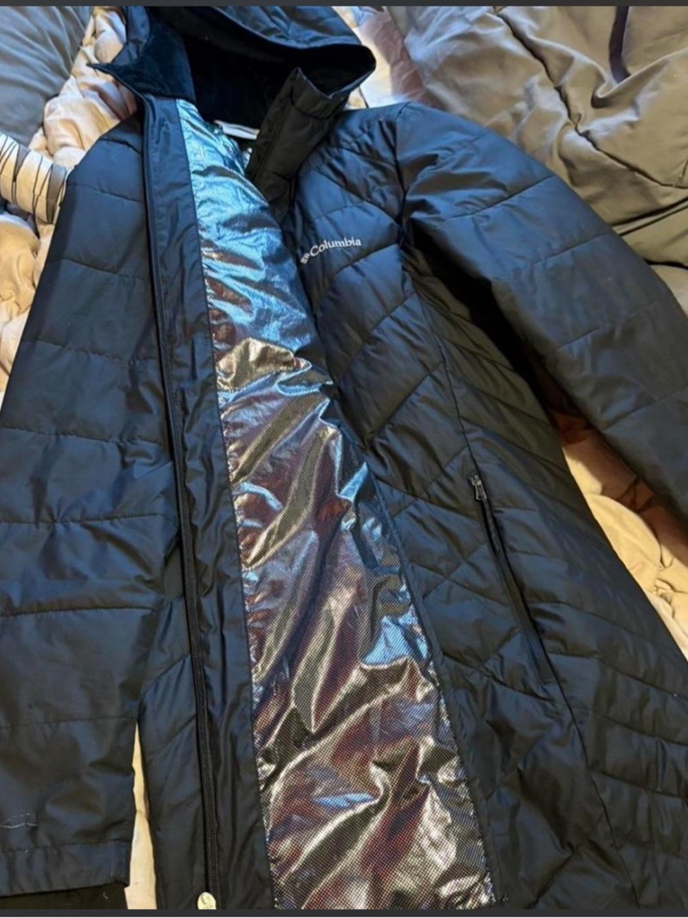 Columbia Black Puffer Jacket with Reflective Silver Lining
